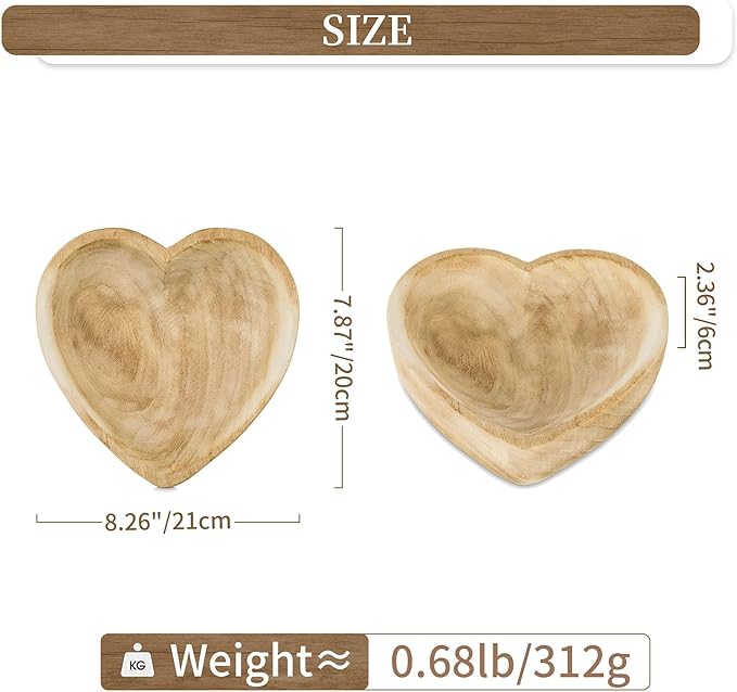 Hanobe Decorative Dough Wood Bowl: Small Heart Shaped Bowls for Decor Wooden Bowl for Table Centerpiece, Natural 7.8"