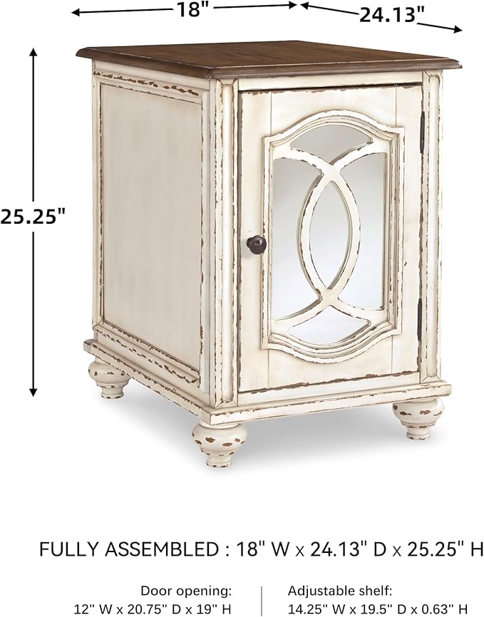 Signature Design by Ashley Realyn Farmhouse Chair Side End Table with Cabinet For Storage, Antique White & Brown
