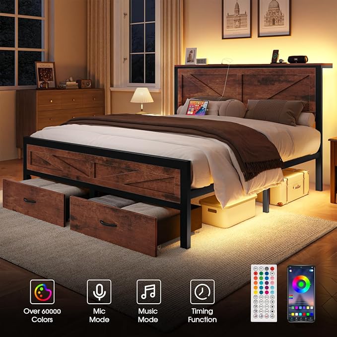 Rustic King Size Bed Frame with Storage Drawers and Barn Door Headboard, Farmhouse LED King Bed Frame with Charging Station, Metal Industrial Platform Bed Frames, No Box Spring Needed, Brown