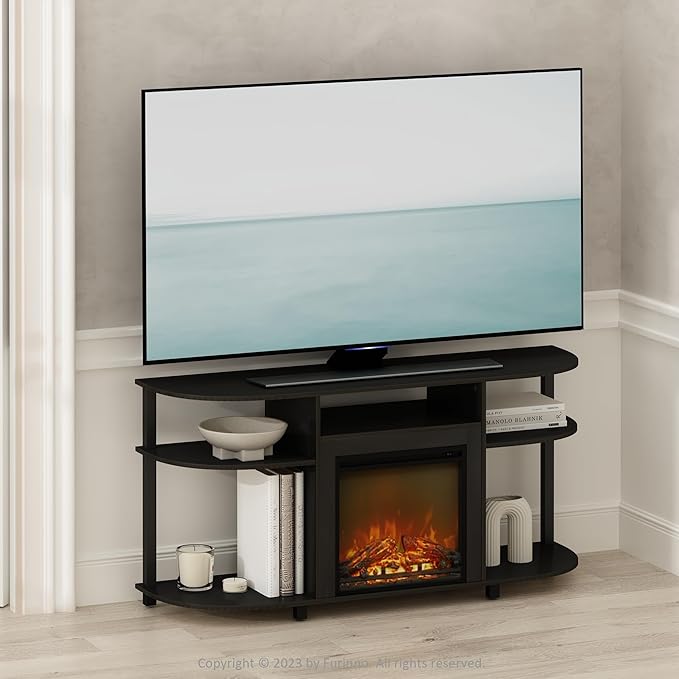 Furinno Jensen Fireplace TV Stand, NO Heat Decorative Electric Fireplace TV Stand for TV up to 55 Inch, with Curved Open Storage, for Living Room, Americano