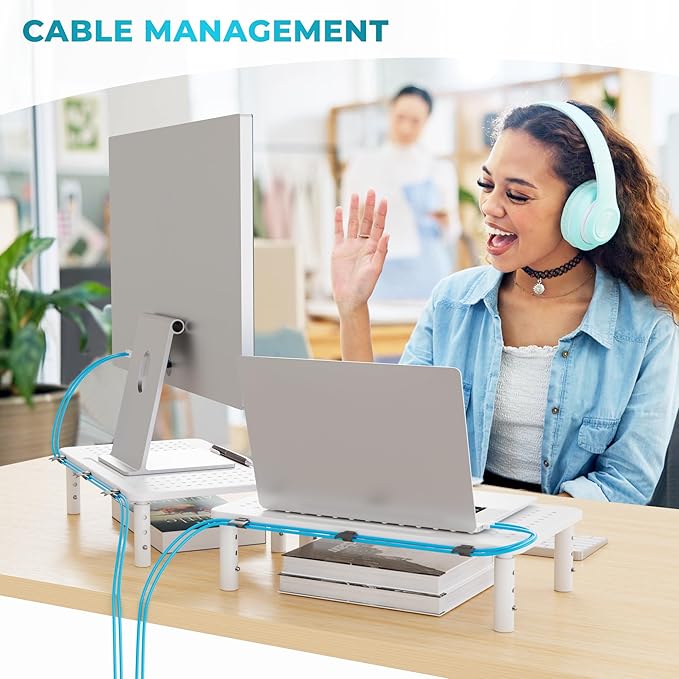 BONTEC Monitor Stand 2 Pack Height Adjustable Metal Riser with Pen Holder, White, 14.5” x 9.1”, Ergonomic Desktop Stand for Computer, Printer, Laptop, Adjustable Desk Riser with Cable Management