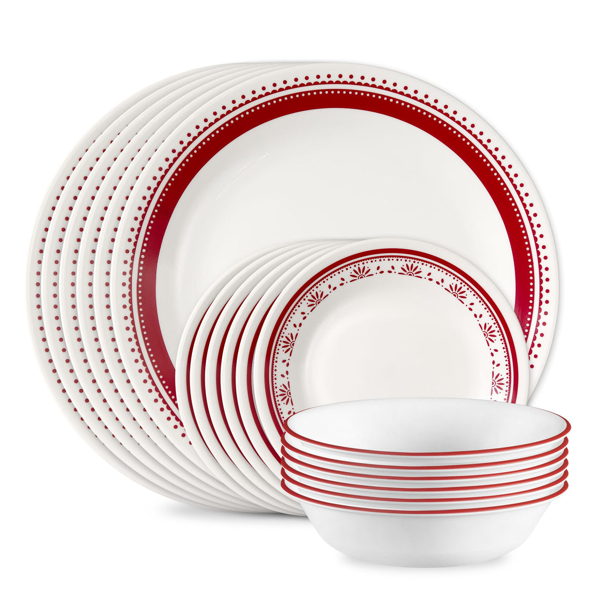 Corelle Everyday 18-PC Dinnerware Set Service for 6, Durable and Eco-Friendly, Higher Rim Glass Plate & Bowl Set, Microwave and Dishwasher Safe, Sadie