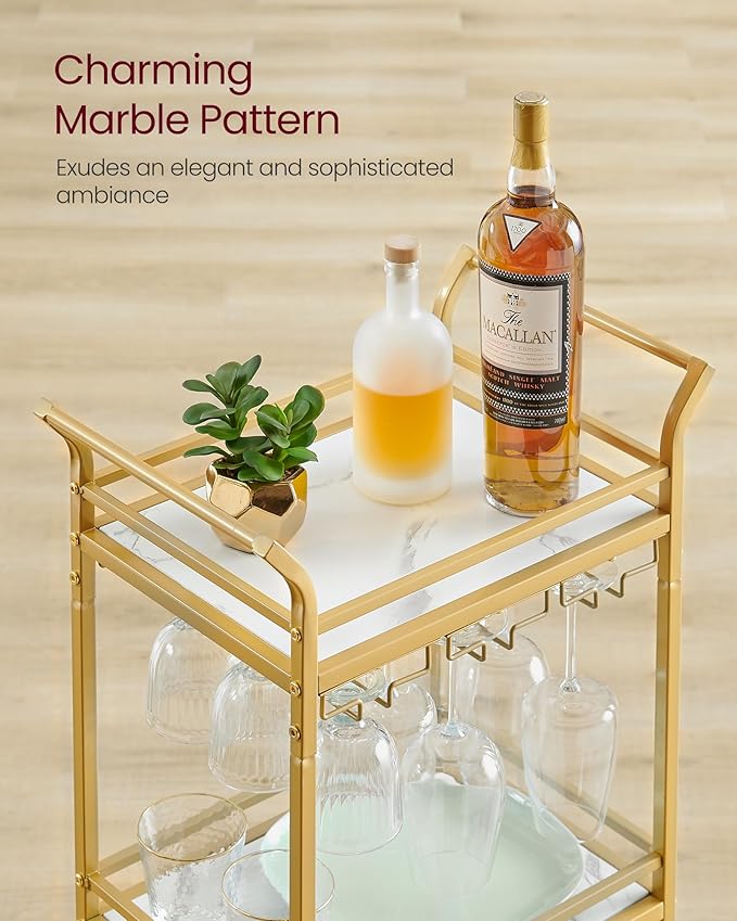VASAGLE Bar Cart, Home Bar Serving Cart with 3 Tiers, Kitchen Shelf with Wine Rack, Glass Holders, for Small Spaces, Dining Room, Living Room, Pale Gold ULRC101A01