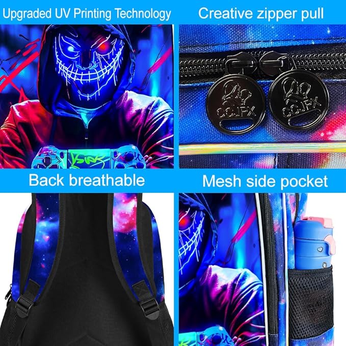 KLFVB 3PCS Backpack for Boys, 17" Kids Gaming Bookbag and Lunch Box, Water Resistant School Backpack for Teenagers Middle Elementary - Demon Game