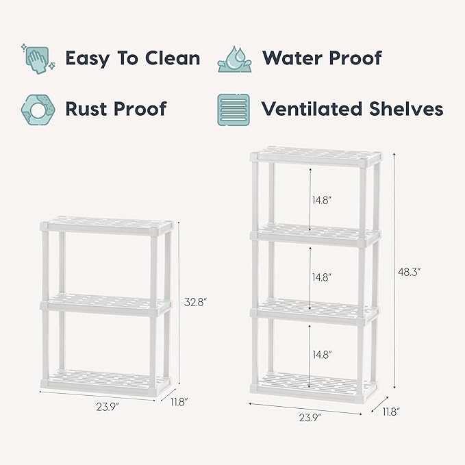 IRIS USA 4-Shelf Light Duty Plastic Storage Shelves, 200lb Capacity, 48" H x 24" W x 12" D, Medium Modular Shelving Unit Storage Organizer for Bathroom, Laundry, Garage & Home, Storage Rack - White