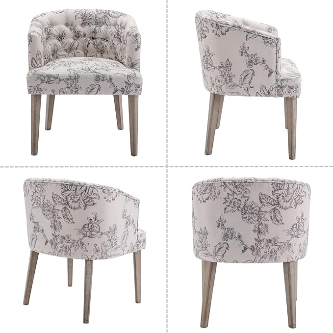 DUOMAY Modern Tufted Dining Chairs Set of 8, Linen Upholstered Side Chair, Comfy Accent Barrel Chair with Wood Legs for Home Kitchen Dining Room Living Room Restaurant, Beige Flower Pattern