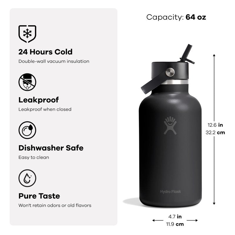 Hydro Flask Water Bottle - Insulated Stainless Steel - Wide Straw Lid, Non Spill, Leakproof in 64 Oz Harbor Blue