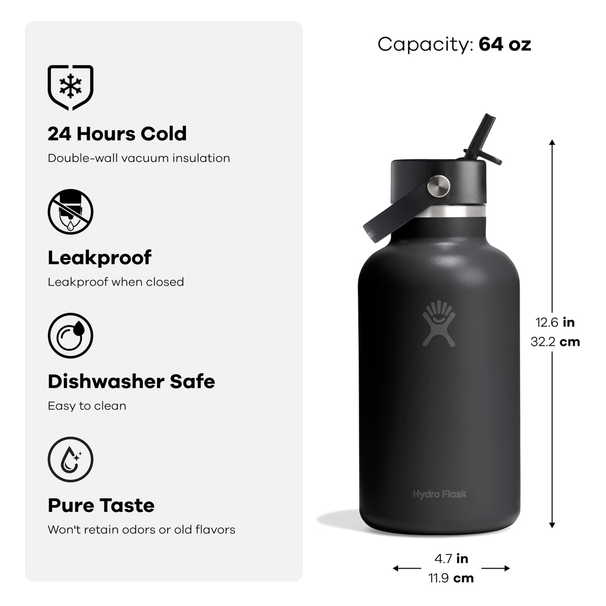 Hydro Flask Water Bottle - Insulated Stainless Steel - Wide Straw Lid, Non Spill, Leakproof in 64 Oz Tonal White