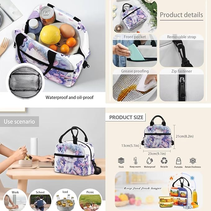 Cat Flower Kids Backpack Set for Girls, Large Lightweight Kids School Backpack Set with Lunch Bag Cute Pencil Case, Girls Bookbag Back to School Supplies, Purple and White