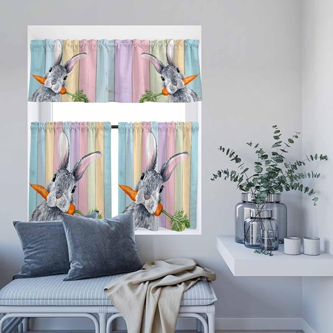 Easter Kitchen Curtain Set, Spring Grey Rabbit Carrots Colorful Wooden Plank