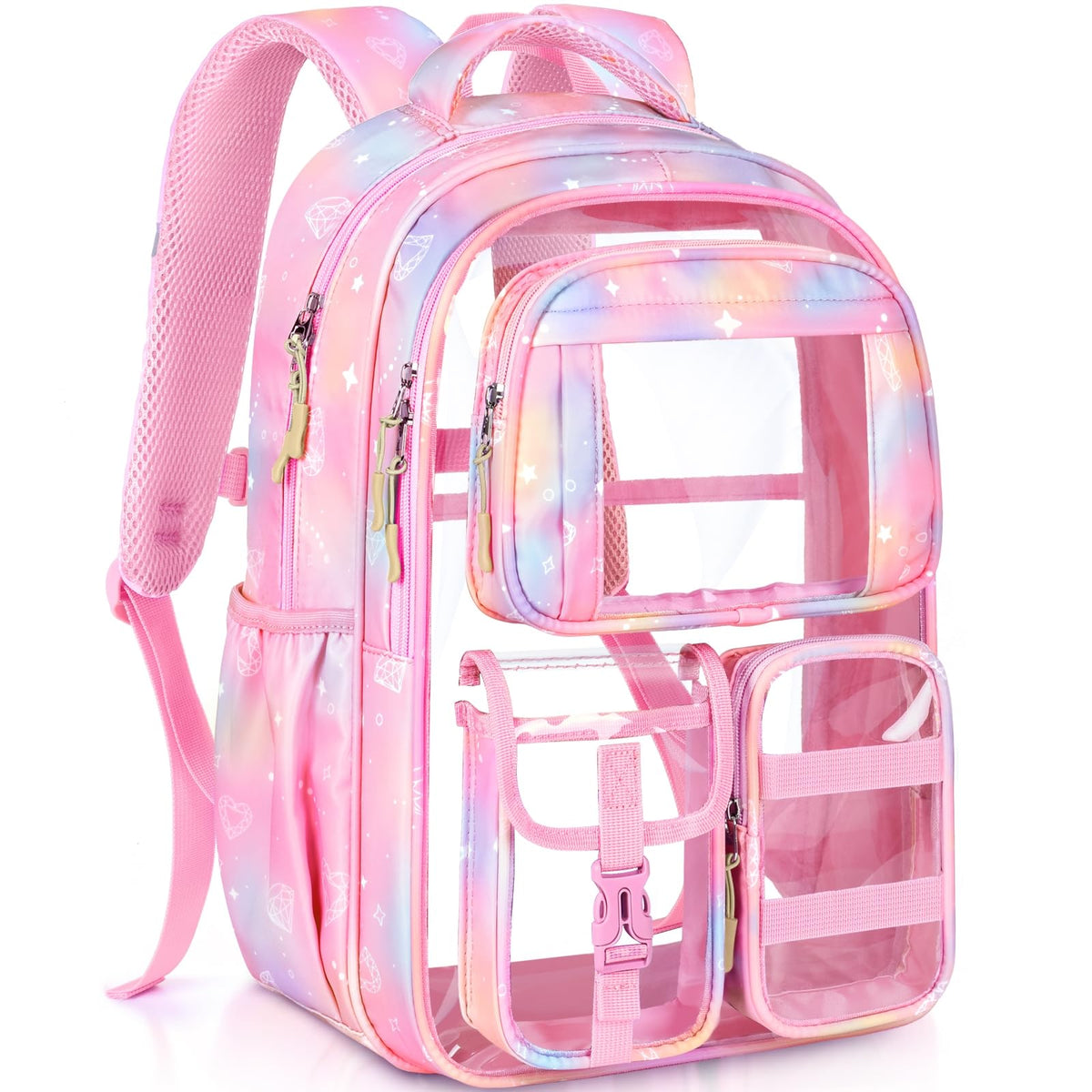 PAMANO Clear Backpack for Girls, Heavy Duty Transparent Bookbag for Kids, See Through Cute Backpacks for Elementary Primary School Work Sport Travel - Pink