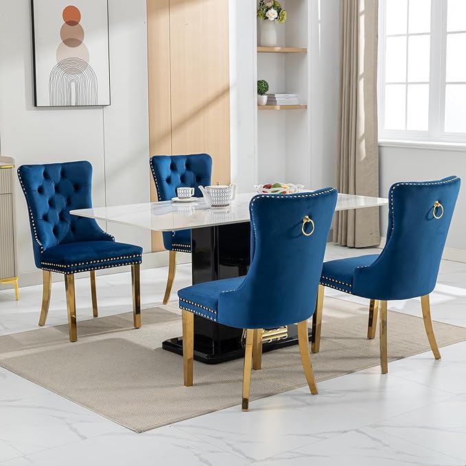 Luxury Upholstered Dining Chairs Set of 4, Blue Kitchen Chair with Golden Metal Legs, Velvet Tufted Back Dining Chair, Sillas de Comedor, Modern Kitchen & Dining Room Chairs (Blue, 4 Pcs)