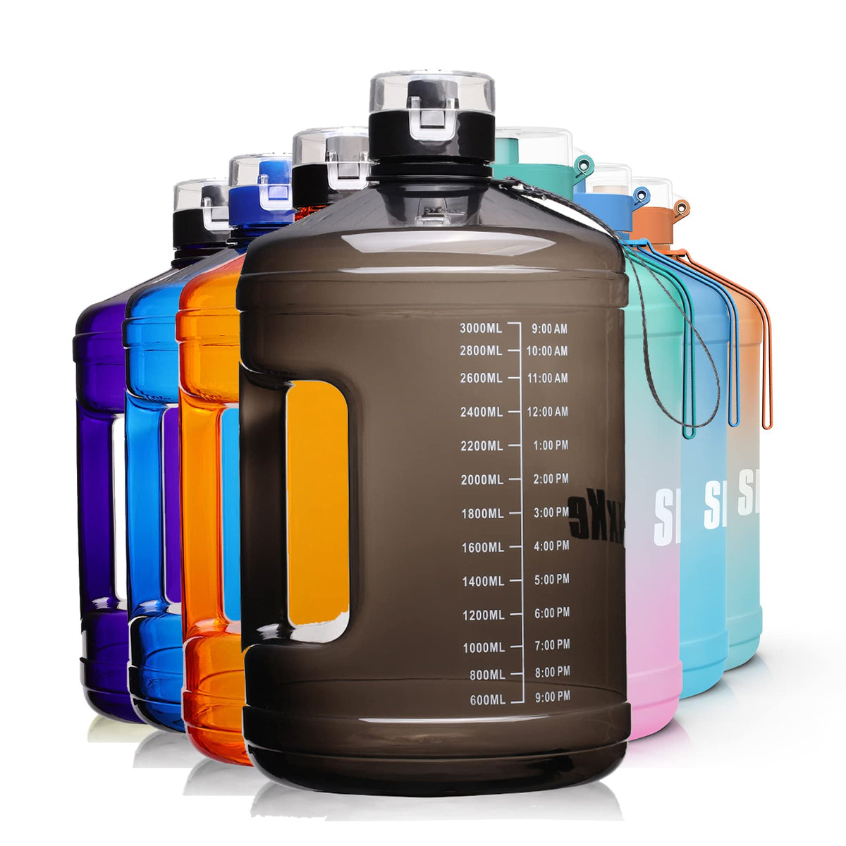 SLUXKE Gallon Big Water Bottle with Handle, 128oz Leakproof BPA Free Fitness Sports Water Bottle with Motivational Time Marker & Wide Mouth Ensure You Drink More Water