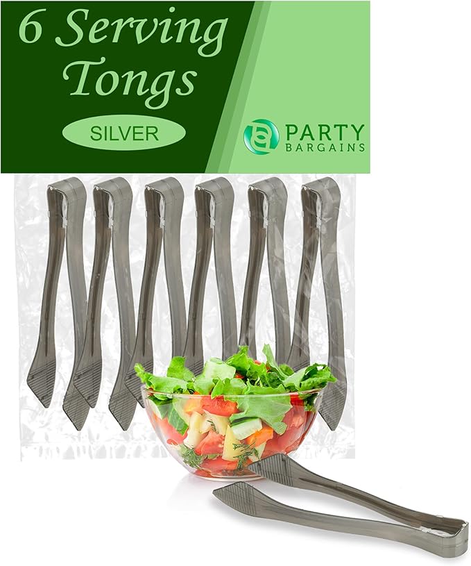 PARTY BARGAINS 8.5″ Silver Plastic Serving Tongs 6-Pack – Heavy-Duty Disposable & Reusable Kitchen Tongs for Parties BBQ Buffet Salad Appetizers Catering