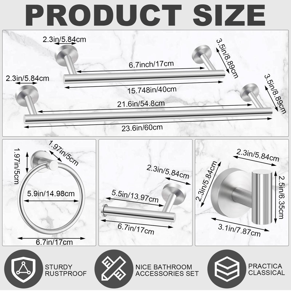 Gisafai 15 Pcs Brushed Nickel Bathroom Accessories Hardware Set Silver Towel Racks for Bathroom SUS304 Stainless Steel 23.6 Inch Brushed Towel Bar Ring Toilet Paper Holder Robe Hooks Wall Mounted