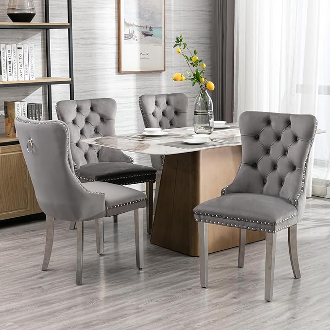 Luxury Upholstered Dining Chairs Set of 2, Grey Kitchen Chair with Silver Metal Legs, Velvet Tufted Back Dining Chair, Sillas de Comedor, Modern Kitchen & Dining Room Chairs (Gray, 2 Pcs)