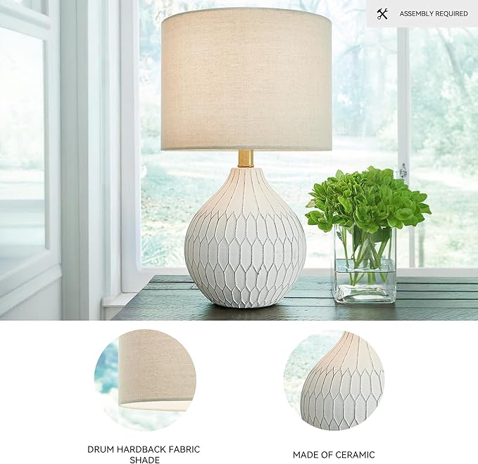 Signature Design by Ashley Wardmont Contemporary Modern Table Lamp with Drum Hardback Fabric Shade, On-Off Switch, Ceramic, 17.75" High, Antique White