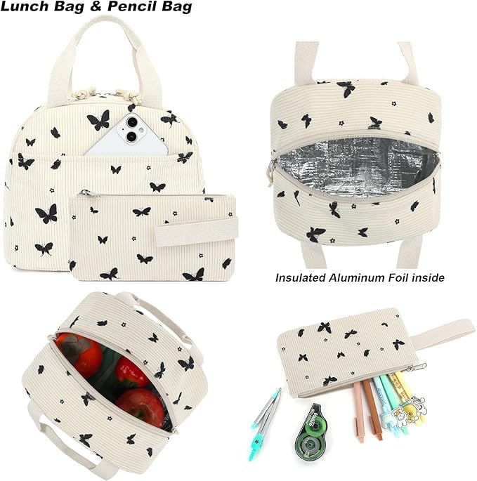 Corduroy Girls Backpack Set, 3PCS School Backpacks for Kids Elementary Middle School Bags with Lunch Box Pencil Case (Beige Corduroy Butterfly)