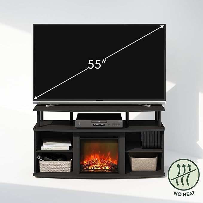Furinno Jensen Fireplace TV Stand, NO Heat Decorative Electric Fireplace Corner TV Stand for TV up to 55 Inch, with Open Shelving Storage, for Living Room, Americano/Black