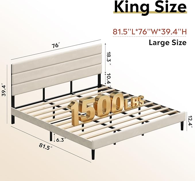 WLIVE King Size Upholstered Bed Frame, Velvet Square Tufted Headboard, Sturdy Metal & Wooden Slats Support, No Box Spring Needed, Beige