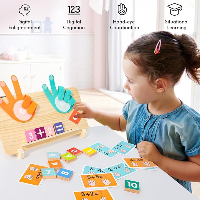 Montessori Math Learning Toys for Toddlers 3-5, Double-Sided Finger Counting & Number Tracing Board, Preschool Educational Wood Number Blocks Toys for Kids 2-4, Math Manipulates, Girl Boy Gift 5-7