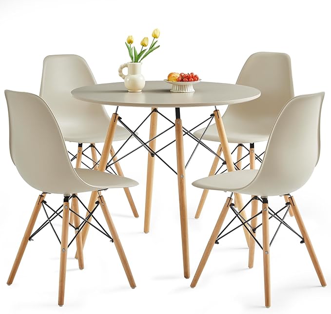 Round Dining Table Set for 4 31.5" Wood Dinner Table Circle Dining Table Kitchen Table Chairs Set of 4 with Wood Strip Base for Kitchen Living Room Space Saving Apartment(Beige)