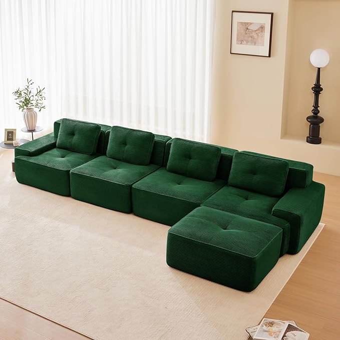 150" Modern Corduroy Cloud Sofa with Ottoman, L Shaped Boneless Modular Large Sectional Couches for Living Room, Green 4 Seater Compressed Memory Foam Couch, Extra Deep Seat, No Assembly