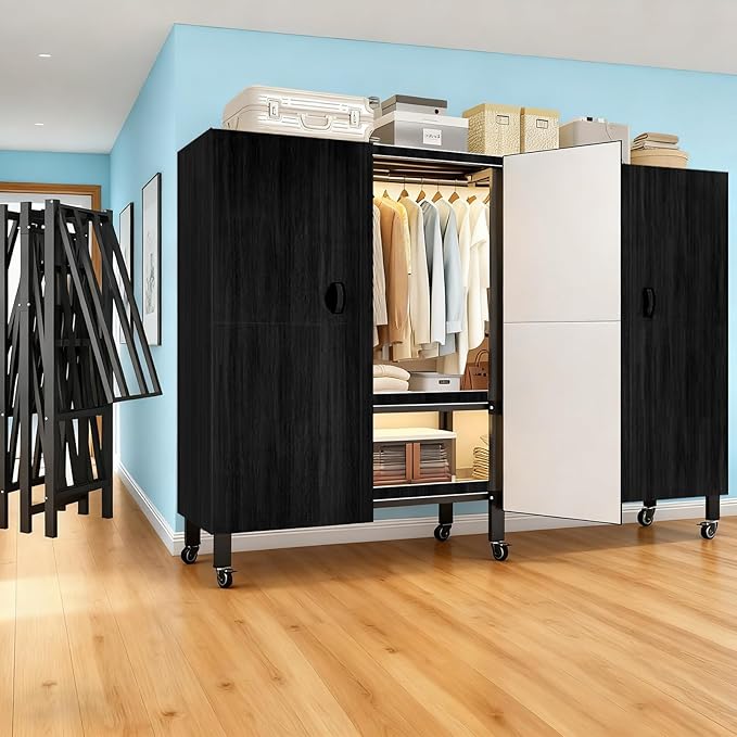 Foldable Portable Armoire Wardrobe Closet for Hanging Clothes Rack, Heavy Duty Covered Clothes Rack with Cover(HARDBOARD Magnetic), Closet Garment Rack for Bedroom Storage (KT Black, 59.05in)