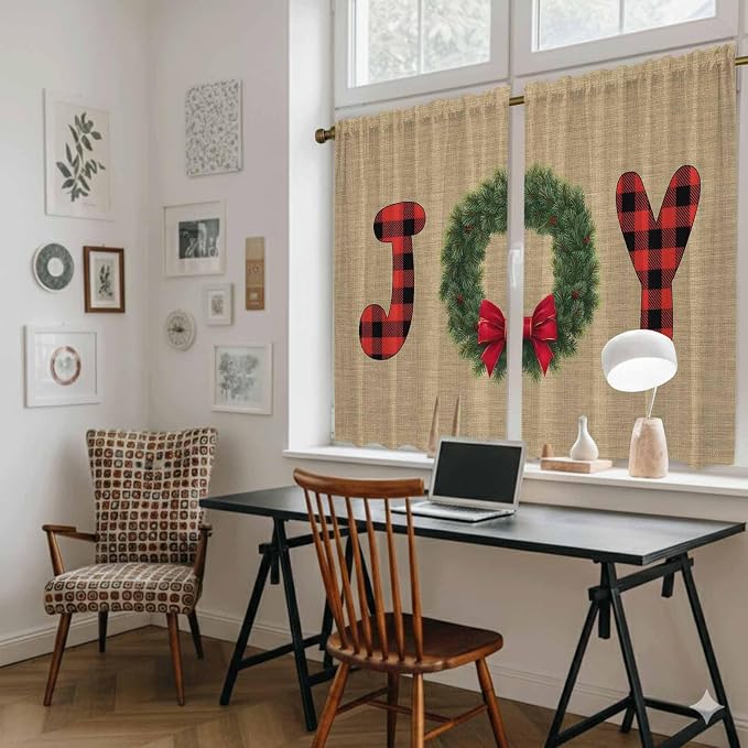 Red Green Christmas Kitchen Curtains 45 Inch Long 2 Panel Set, Rod Pocket