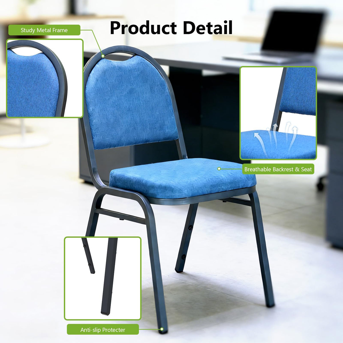 MAKE CHANGES Stackable Banquet Dining Chairs 4 Pack, Upholstered Crown Back Event Chairs with Blue Fabric Seat, Heavy Duty Steel Frame, 300 lb Capacity, No Assembly, for Restaurant Wedding Conference