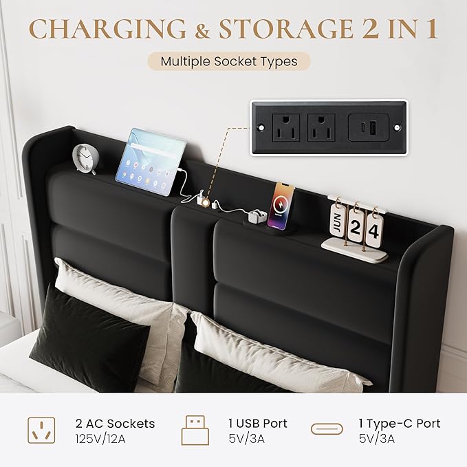SHA CERLIN King Size Bed Frame with Charging Station & Storage Headboard, Velvet Platform Bed with Upholstered Modern Wingback Design, Wooden Slats Support, No Box Spring Needed, Easy Assembly, Black