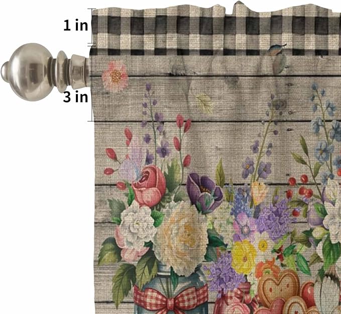 Kitchen Curtains Tiers and Valance Set of 3, Spring Flowers Light Filtering