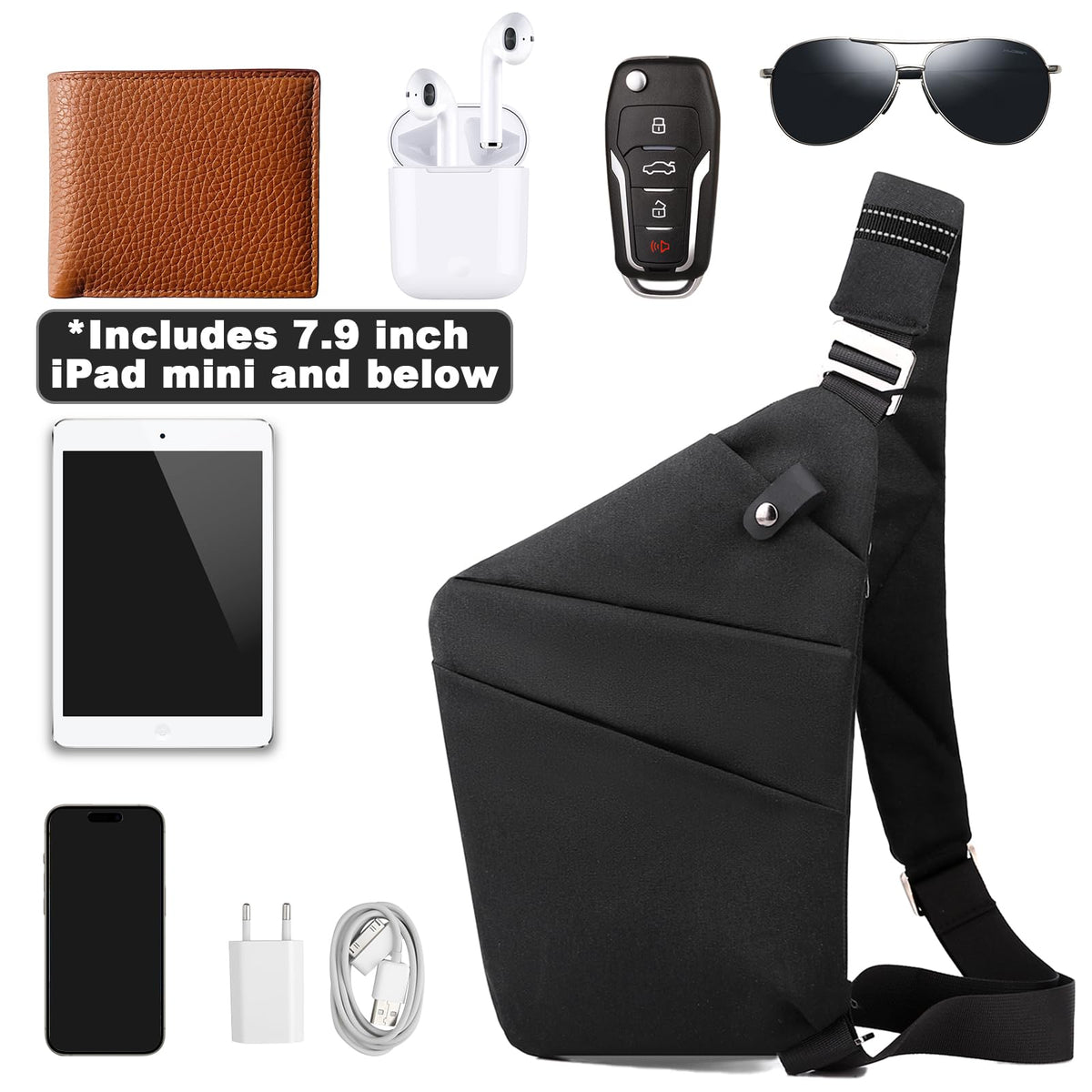 Anti Theft Travel Bag Sling Cross-body Bag Large Capacity (Right, Black)