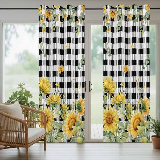 Sunflowers Outdoor Curtains for Patio Summer Floral Eucalyptus Leaf Buffalo