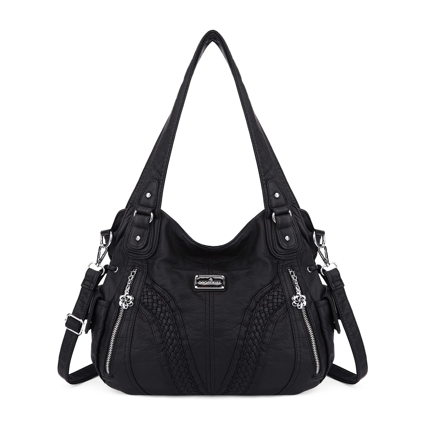 Purses and Handbags Women Fashion Tote Bag Shoulder Bags Top Handle Satchel Purses Washed Synthetic Leather Handbag 1-2#black 13.8 * 4.7 * 11.8 inches