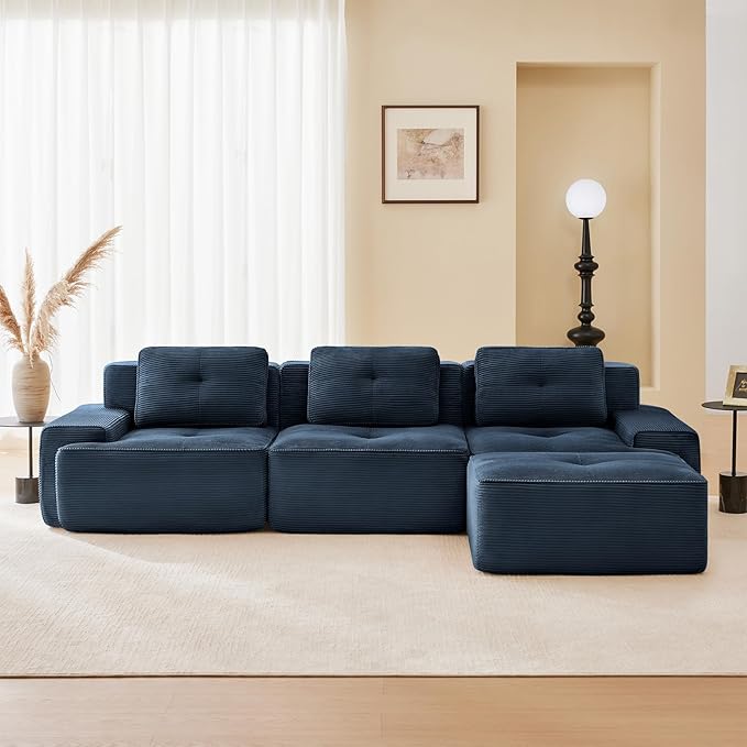 115" Modern Corduroy Cloud Sofa with Ottoman, L Shaped Boneless Modular Large Sectional Couches for Living Room, Blue 3 Seater Compressed Memory Foam Couch, Extra Deep Seat, No Assembly
