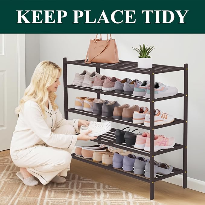 Smiry Long Bamboo Shoe Rack 5-Tier, Stackable Wooden Shoe Organizer for Entryway & Closet, Free Standing Wood Shoe Storage Shelf for Front Door & Small Spaces, Brown