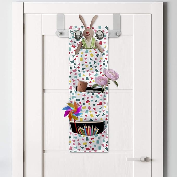 Ambesonne Geometric Hanging Pocket Organizer, Layout of Scattered Geometric Mini Colorful Shapes on a Plain Background, Printed Polyester Storage Bag with Pockets, 9" x 27", White Multicolor