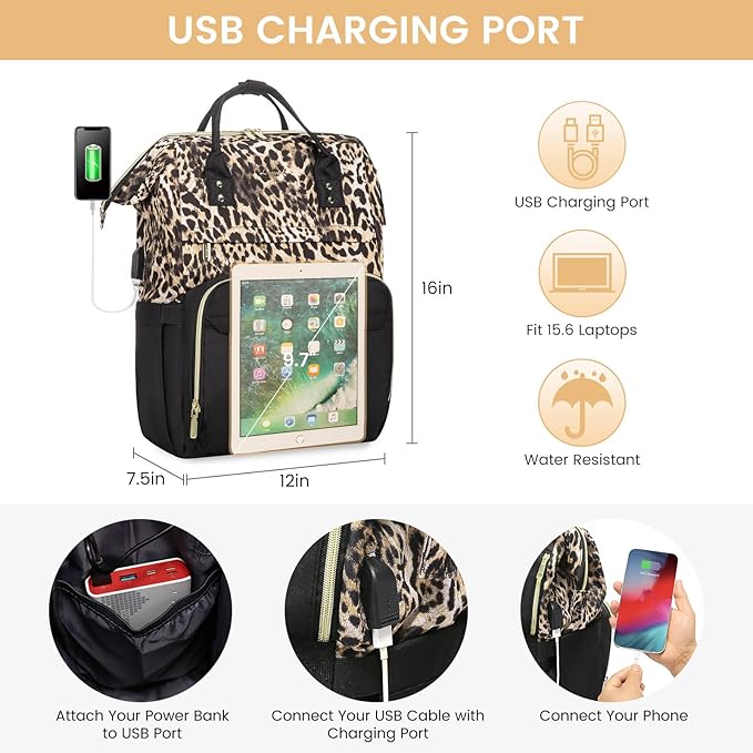 LOVEVOOK College Laptop Backpack, 15.6 Inch Travel Backpack for College, Waterproof Work Backpack Woman for Teacher Nurse Anti-theft Travel Back Pack, Gifts for Women, Leopard