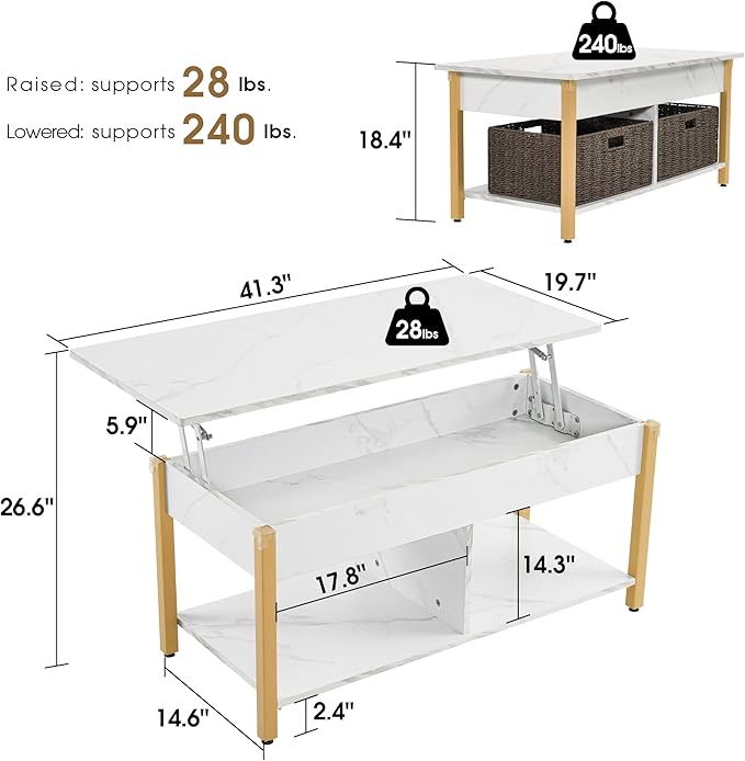 ivinta Lift Top Coffee Table with Storage, Modern Recangular Center Table with Wheels and 2 Rattan Folding Baskets, Rising Tabletop with Hidden Compartment for Living Room, 2177 (41.3", White)