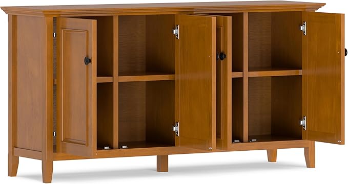 SIMPLIHOME Amherst Storage Cabinet - 66 inch Wide Solid Wood 4-Shelf Sideboard Cabinet in Light Golden Brown, Transitional Buffet for Living Room or Dining Room with 4 Doors and Adjustable Shelves