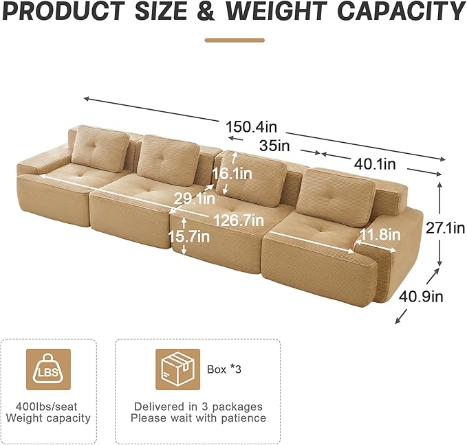 150" Modern Compressed Boneless Couch, 4 Seater Sectional Couches for Living Room, Camel Corduroy Cloud Modular Sectional Sofa, Comfy Memory Foam, Extra Deep, Sofas para Sala, No Assembly