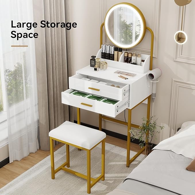 ARTETHYS Small Vanity Desk with Mirror and Lights White Compact Makeup Vanity with Chair Modern Space-Saving Dressing Table with Drawer for Small Bedroom, Apartment