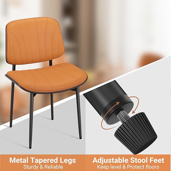 Dining Chairs Set of 4, Mid-Century Modern Upholstered PU Leather Chairs with Walnut Back and Metal Legs Adjustable Feet for Kitchen Dining Room, Orange Shell Strips