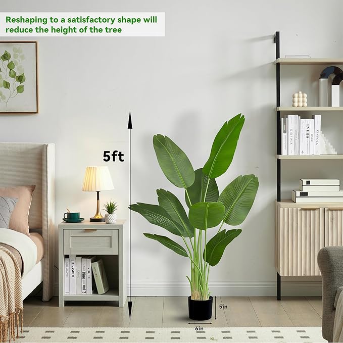Birds of Paradise Plant Artificial, 5FT Fake Plants Faux Banana Leaf Tree with 10 Banana Leaves, Lifelike Tall Fake Tropical Palm Indoor Silk Floor Plant in Black Pot for House,Office,Room,Home Decor