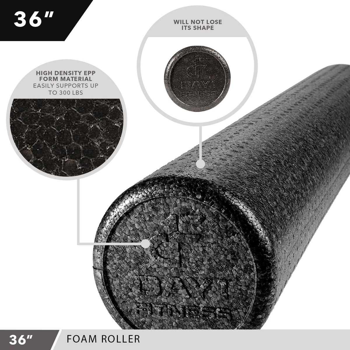 High Density Muscle Foam Rollers by Day 1 Fitness - Sports Massage Rollers for Stretching, Physical Therapy, Deep Tissue, Myofascial Release - Ideal for Exercise and Pain Relief - Solid Black, 36"