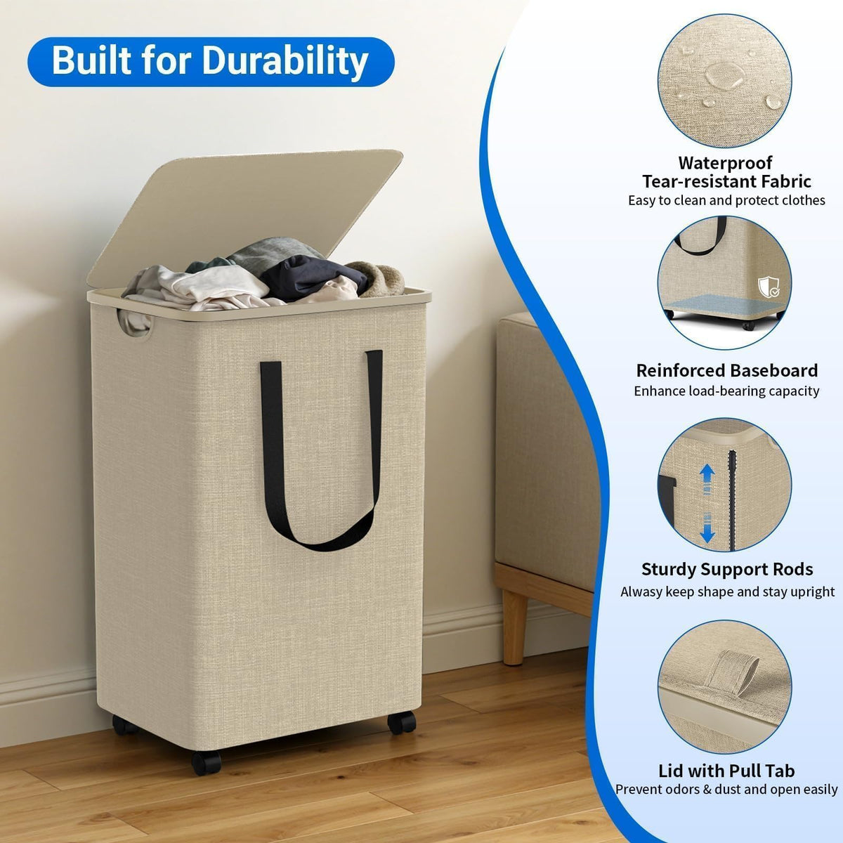 Laundry Basket with 5 Wheels, Tall Dirty Laundry Hamper, Rolling Laundry Basket with Lid, Large 90L Collapsible Clothes Hamper for Laundry Room Bedroom Bathroom Dorm, Khaki