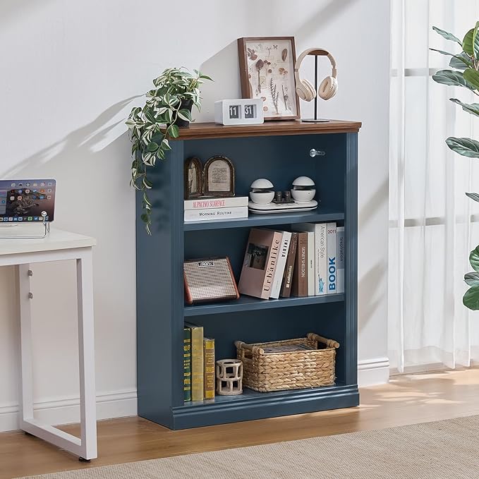 43" Blue Tall Bookshelf Set of 4,3-Tier Thick Wooden Book Shelf with Adjustable Shelves,Free Standing Farmhouse Bookcase with Open Display Storage,Floor Vintage Bookshelves for Living Room