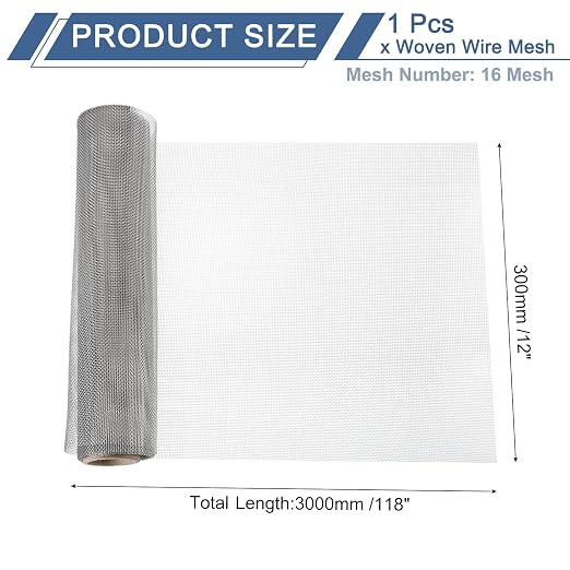 uxcell 16 Mesh 118" x 12" Woven Wire Mesh, 304 Stainless Steel Air Vent Filter