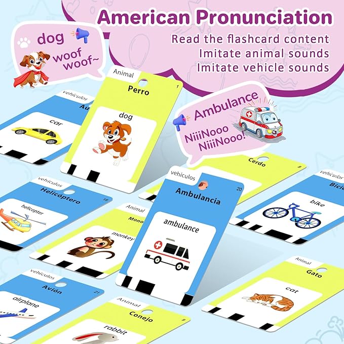 Spanish and English Talking Flash Cards for Toddlers 1 2 3 4 5 6 Year Olds, 420 Sight Words, Montessori Learning Toys, Pocket Speech Therapy Toys, Sensory Preschool Educational Birthday Gift